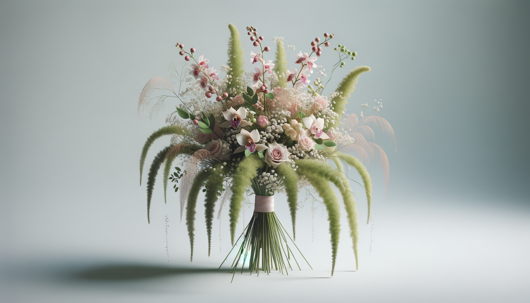 A large bouquet of various pink, white, and green flowers arranged in a wrapped stem bouquet on a plain, light background.