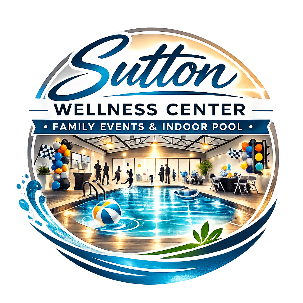 Logo for Sutton Wellness Center featuring an indoor swimming pool with people and balloons, celebrating family events.