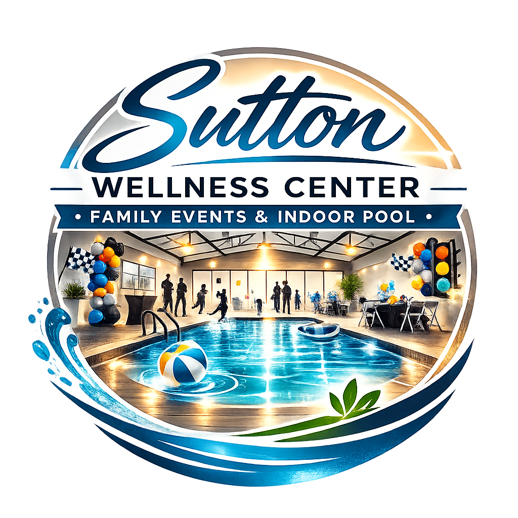 Indoor swimming pool with people, balloons, and decorations at Sutton Wellness Center for family events.