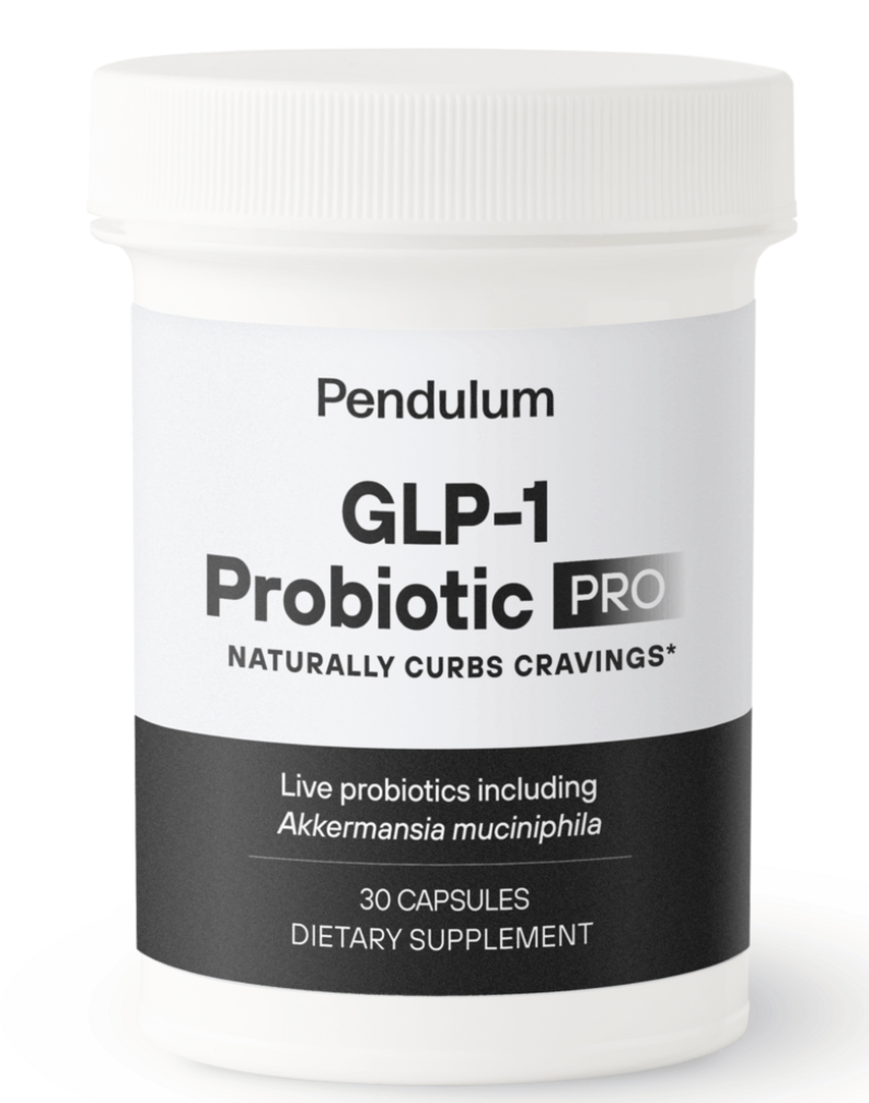 White bottle of Pendulum GLP-1 Probiotic dietary supplement with black and white label, indicating 30 capsules with live probiotics including Akkermansia muciniphila.