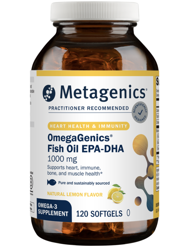 A bottle of Metagenics OmegaGenics Fish Oil EPA-DHA supplements with 120 softgels, natural lemon flavor, designed to support heart, immune, bone, and muscle health.