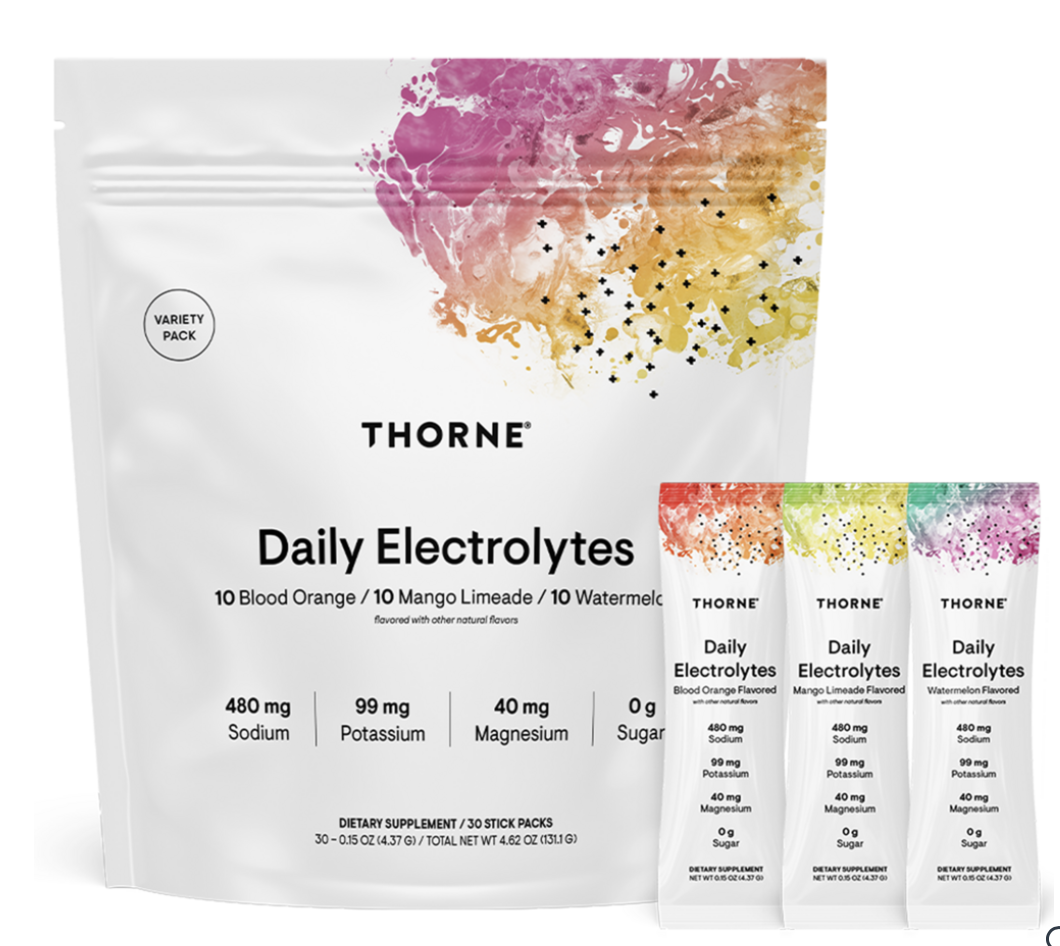 Package of Thorne Daily Electrolytes with orange, lime, and watermelon flavors, showing nutritional information and individual sticks.