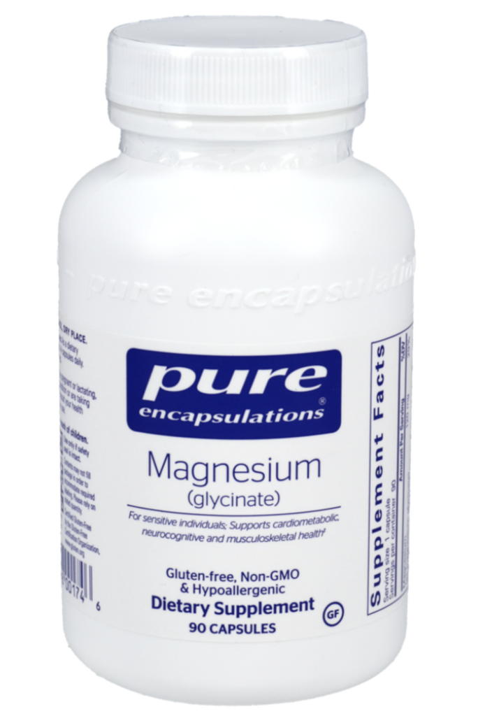 A white bottle of Pure Encapsulations Magnesium (glycinate) dietary supplement with a white cap.