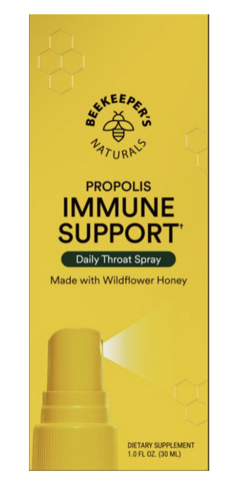Yellow packaging for Beekeeper's Naturals Propolis Immune Support Daily Throat Spray made with wildflower honey, featuring a spray bottle and honeycomb illustrations.
