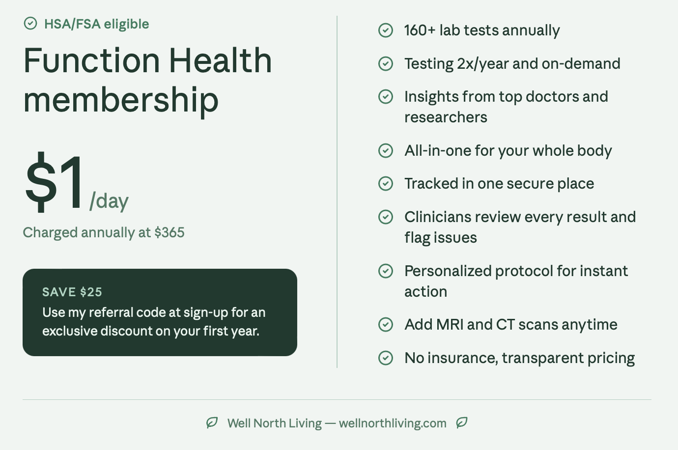 Function health membership for $1/day infographic. Referral link provided for $25 off.