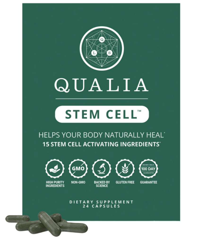 Product packaging for Qualia STEM Cell dietary supplement, featuring 24 capsules, with icons for high purity ingredients, non-GMO, backed by science, gluten free, and a 100-day money-back guarantee.