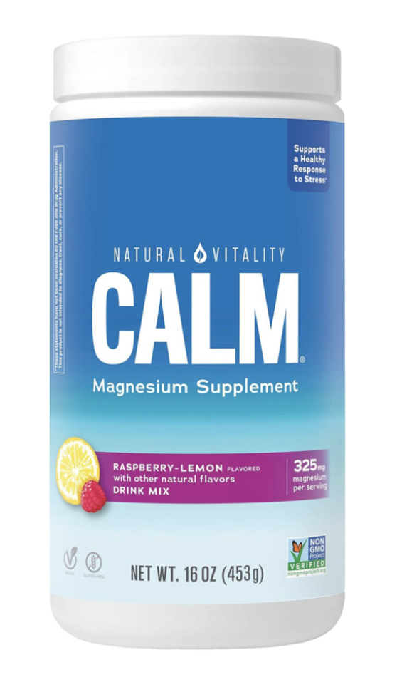 Container of Natural Vitality CALM magnesium supplement with raspberry-lemon flavor, 16 oz.