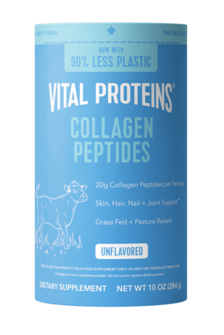 Blue container of Vital Proteins Collagen Peptides dietary supplement, indicating it is unflavored, with a label stating 20 grams of collagen peptides per serving, and mentions health benefits for skin, hair, nails, joints, and that it is grass-fed a