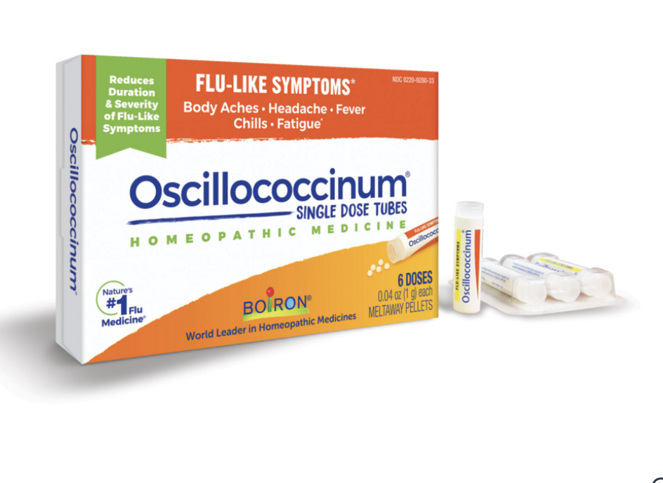 Package of Oscillococcinum homeopathic medicine for flu-like symptoms, with a tube and pellets beside it.