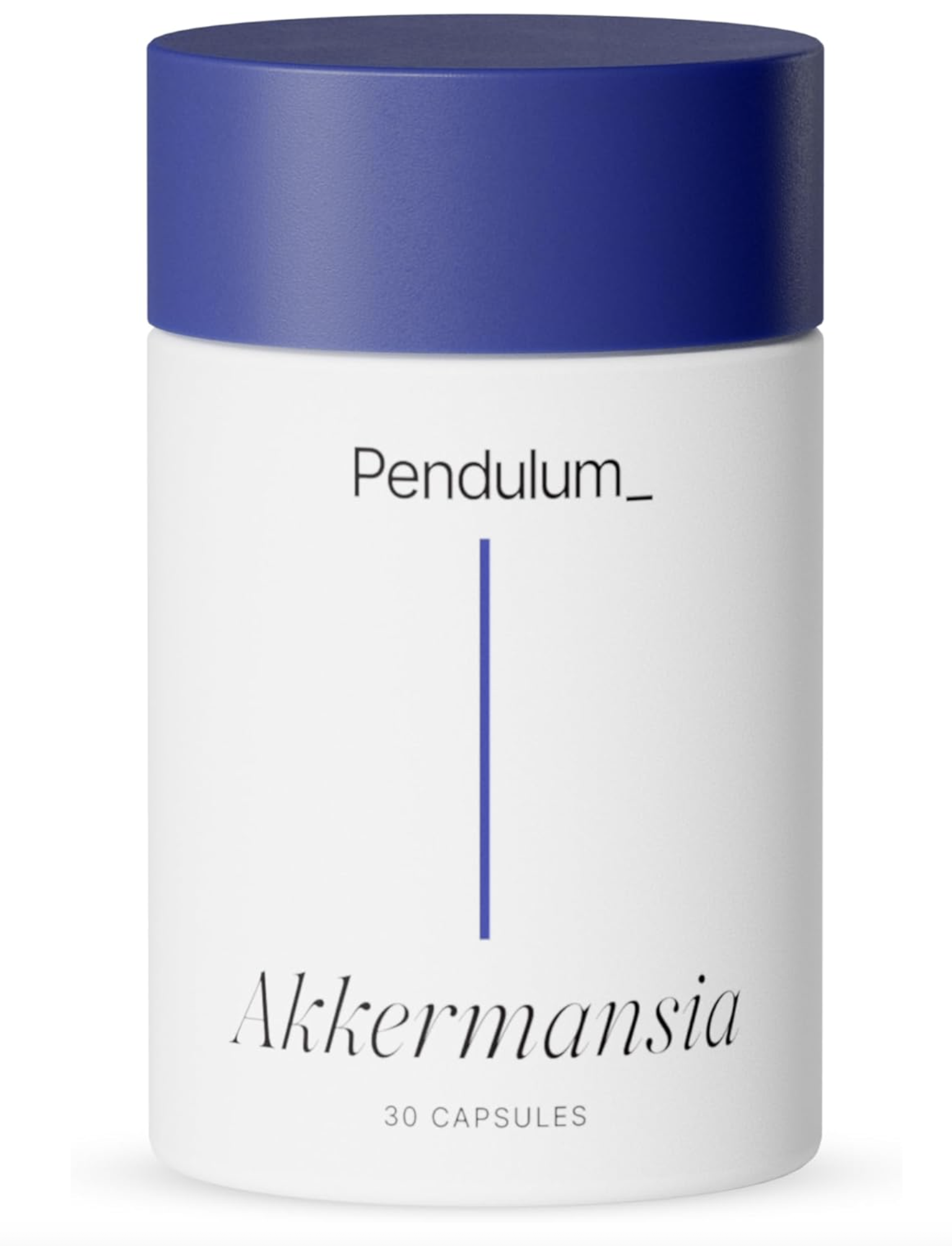 Bottle of Pendulum Akermansia supplement, containing 30 capsules with a white background and blue cap.