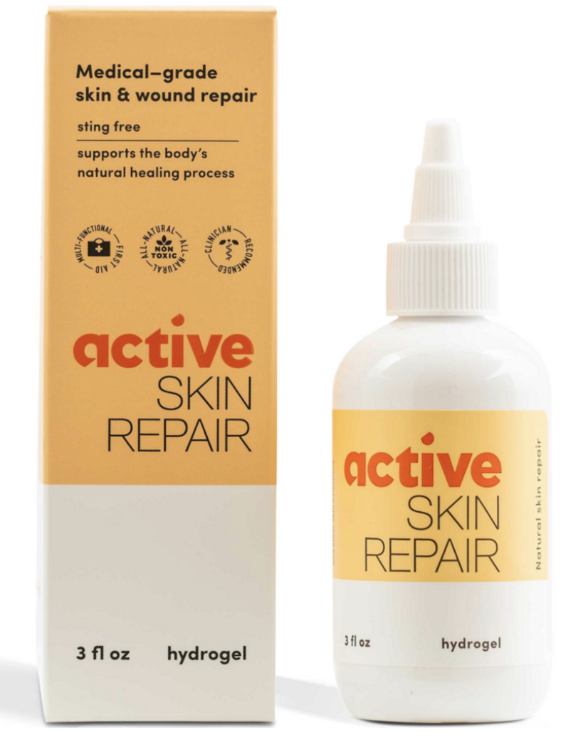 A white bottle and its orange and white packaging box of active skin repair hydrogel, a medical skin and wound repair product, with text indicating it is sting free and supports natural healing, each containing 3 fluid ounces.