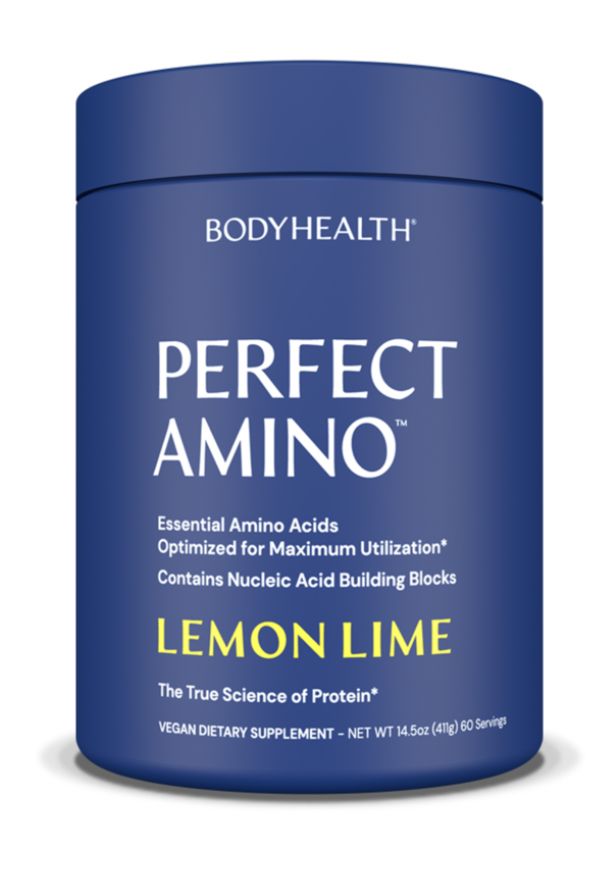 Blue container of BodyHealth Perfect Amino dietary supplement with lemon lime flavor, 60 servings.