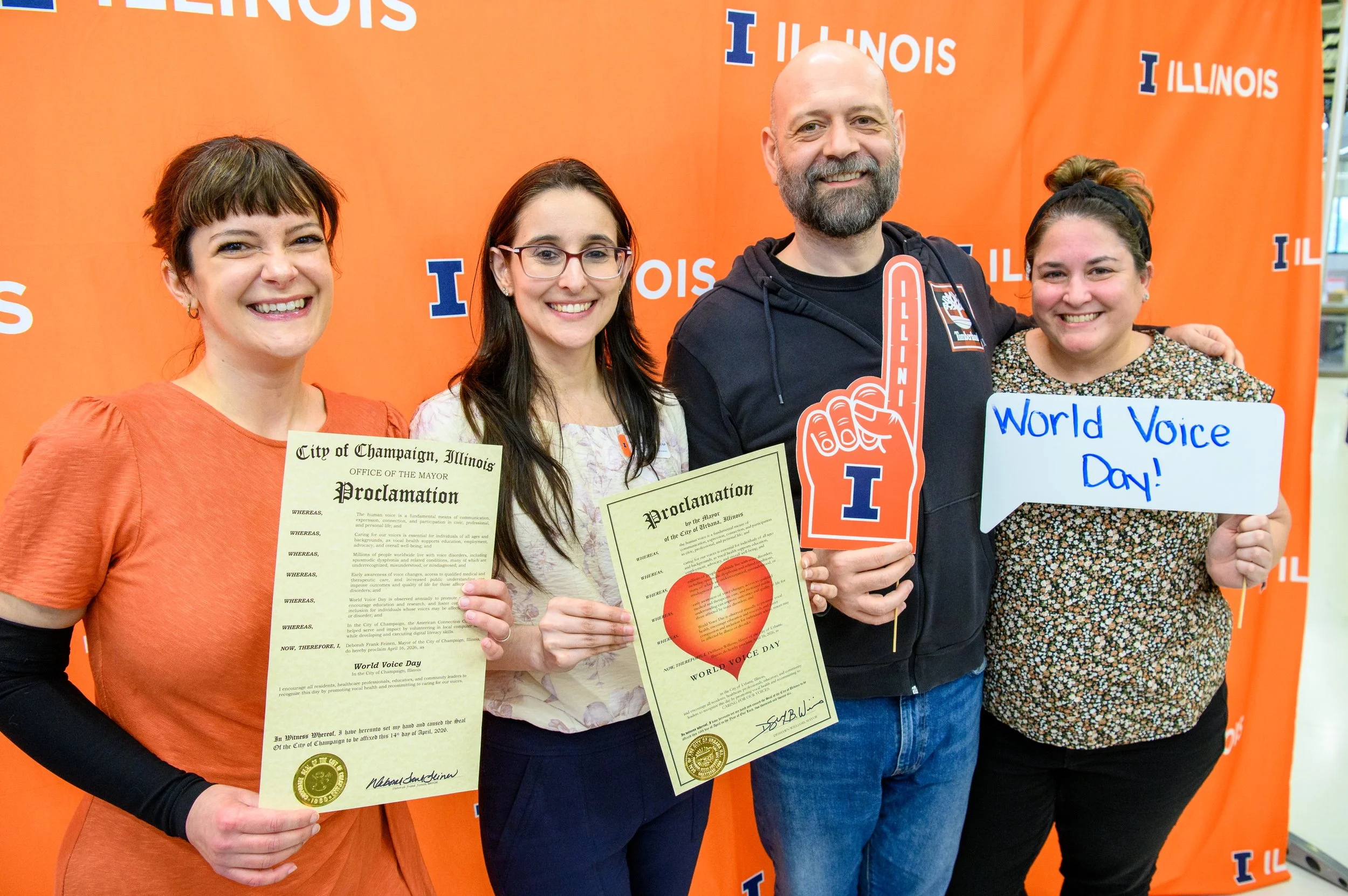 University of Illinois speech and hearing science faculty celebrate World Voice Day, after it was recognized by both city governments in Champaign and Urbana. (College of Applied Health Sciences)