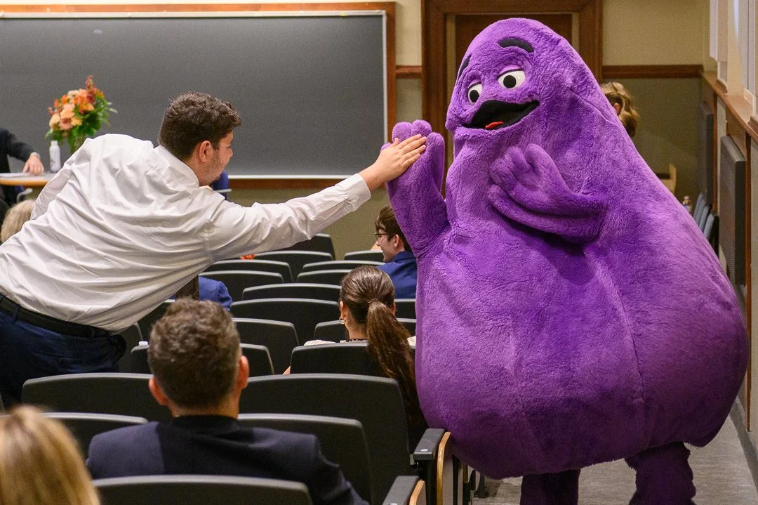 Grimace made a surprise appearance at the Sapora Symposium, a career development event for students in recreation, sport and tourism at the University of Illinois. (College of Applied Health Sciences) 