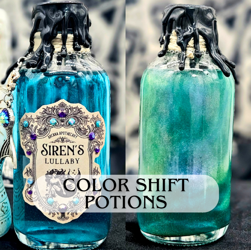 Two glass bottles with black wax seals and black drippy wax tops. The left bottle labeled "Sirens Lullaby" with blue liquid inside, decorated with a charm and beads. The right bottle contains a greenish liquid. Text overlay reads "Color Shift Potions."