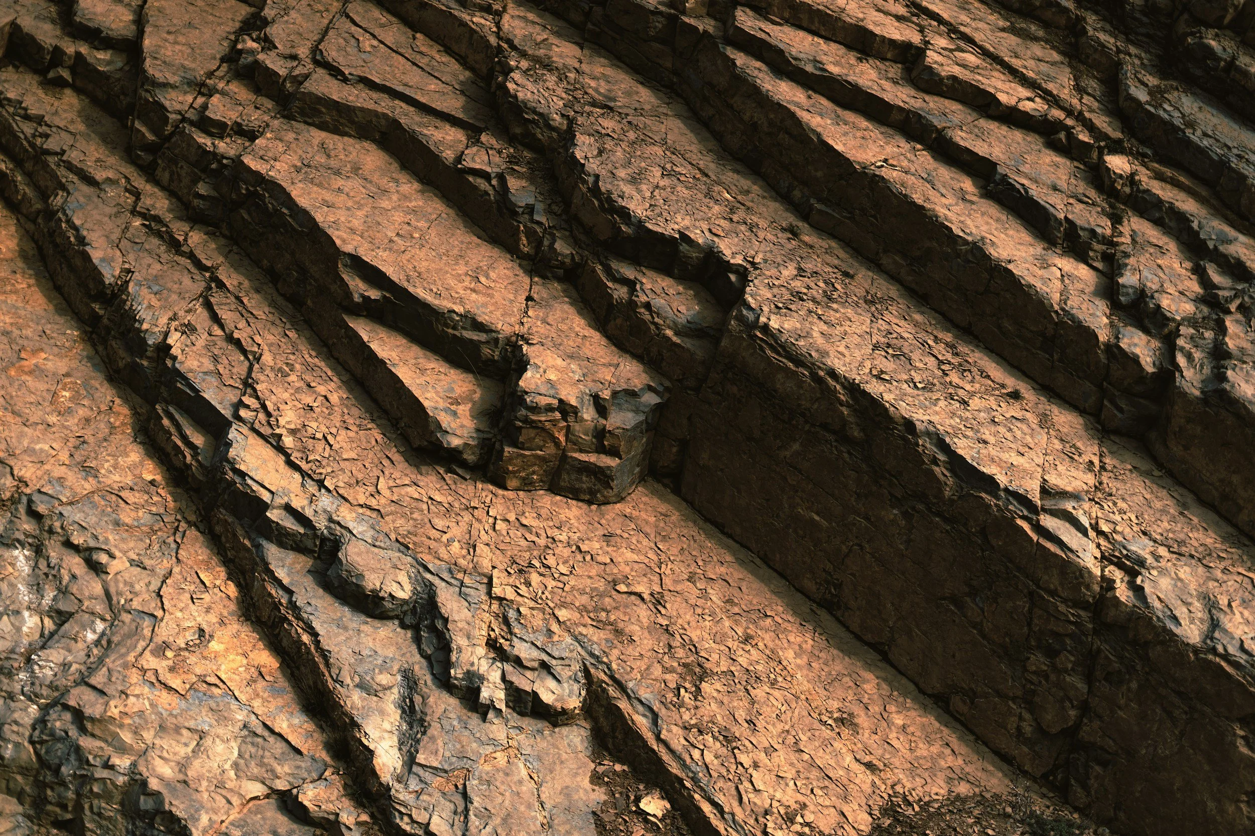 Close-up view of layered, cracked reddish-brown rock formation with distinct striations.