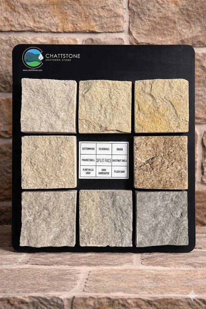 Split Face: Cottonwood, Onaga, Prairie Shell, Chestnut Shell, Flint Hills Grey, Grey Variegated, Plaza Grey.