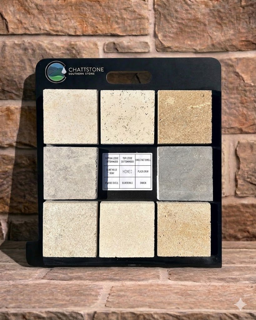 Honed Paving: Bottom ledge Cottonwood, Top Ledge Cottonwood, ChestnutShell, Flint Hills Grey, Plaza Grey, Prairie Shell, Silverdale, Onaga.