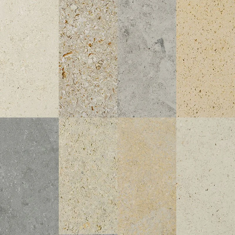 Honed: Bottom Ledge Cottonwood, Chestnut Shell, Flint Hills Gray, Onaga, Plaza Gray, Prairie Shell, Silverdale, Top Ledge Cottonwood.