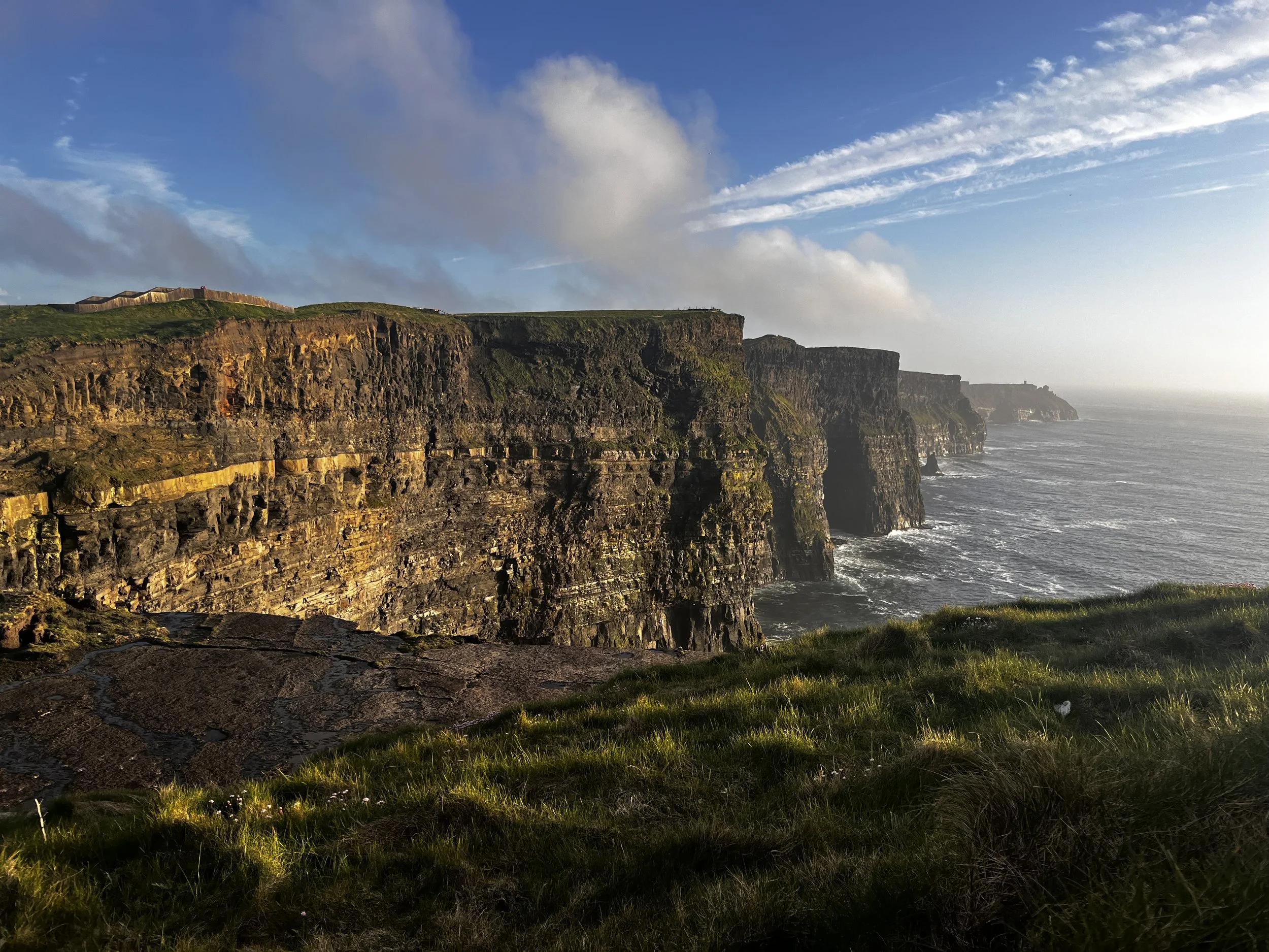 Cliffside coastline with grassy foreground, rugged cliffs, and ocean waves under a partly cloudy sky.