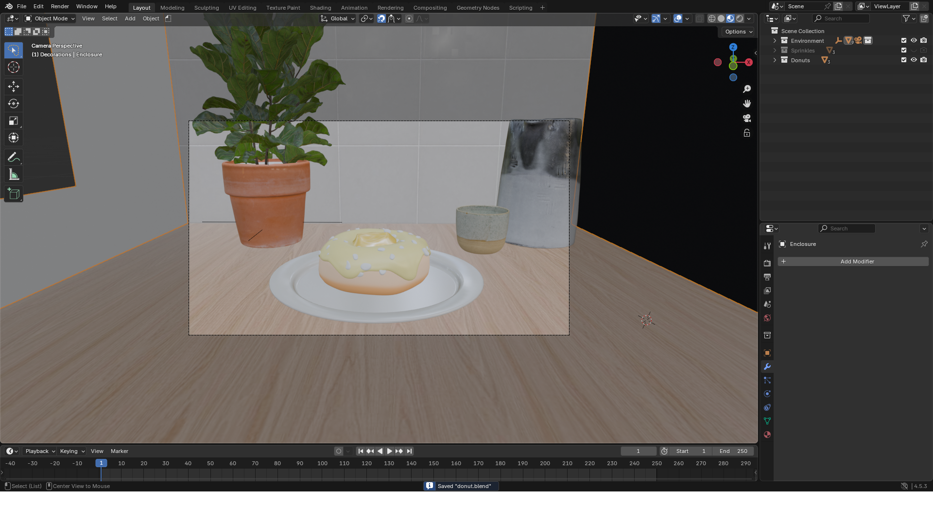 A 3D rendering of a table with a potted plant, a cupcake with yellow frosting on a white plate, a small cup, and a metal container against a background with tiled walls.