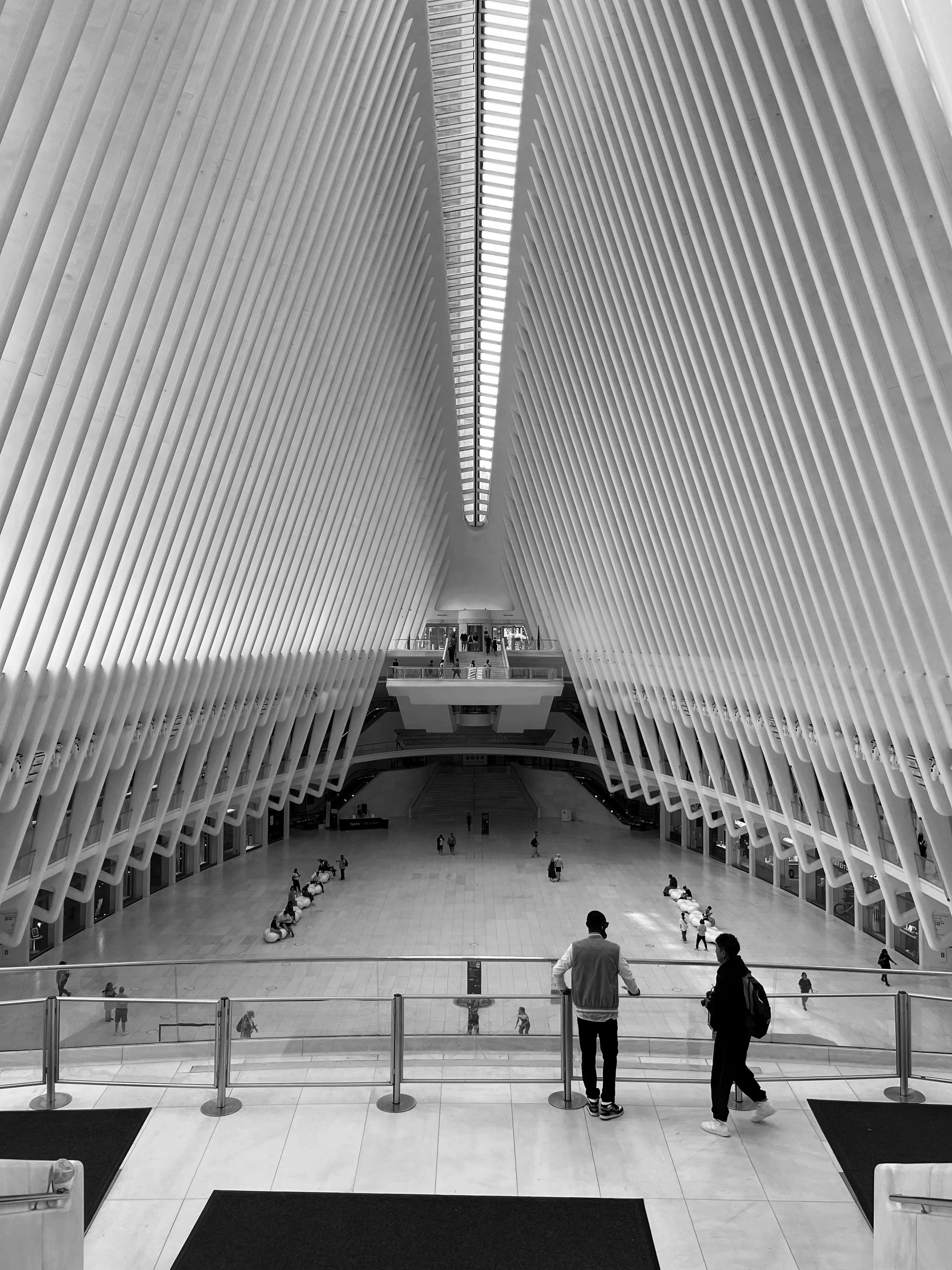 Interior view of a modern architectural building with tall, symmetrical vertical white ribs converging at a point in the ceiling, featuring a long overhead skylight and people walking or sitting inside.