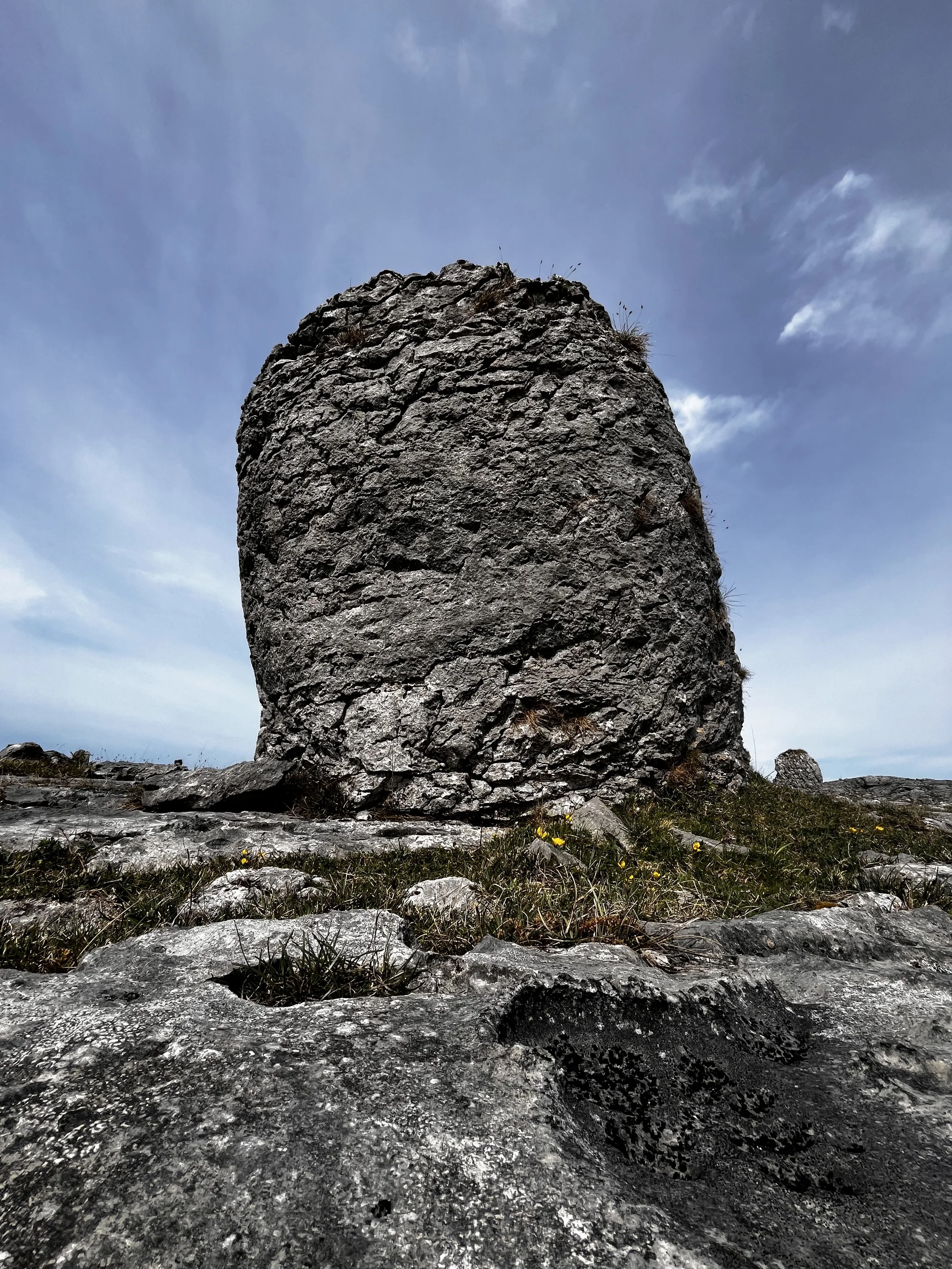 A large, rounded rock formation on a rocky landscape with some grass and small yellow flowers, under a partly cloudy sky.