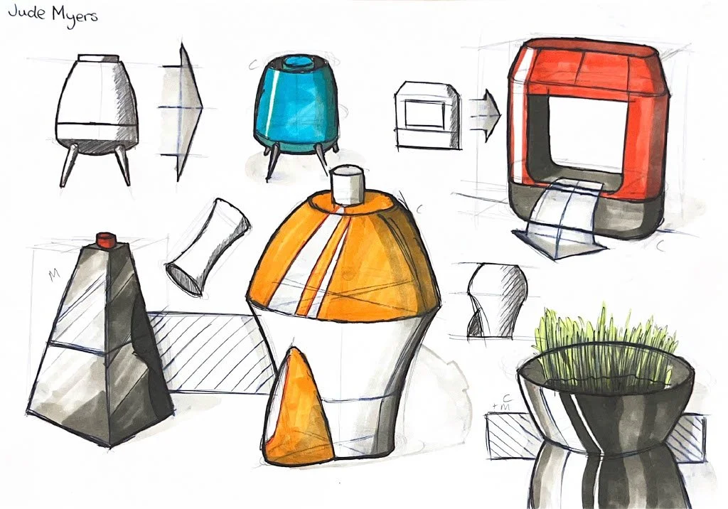 Sketches of various modern objects, including a white kettle, a blue kettle, a red coffee machine, a gray blender, a yellow and white container, a black bowl filled with green grass, and additional sketches of similar items.