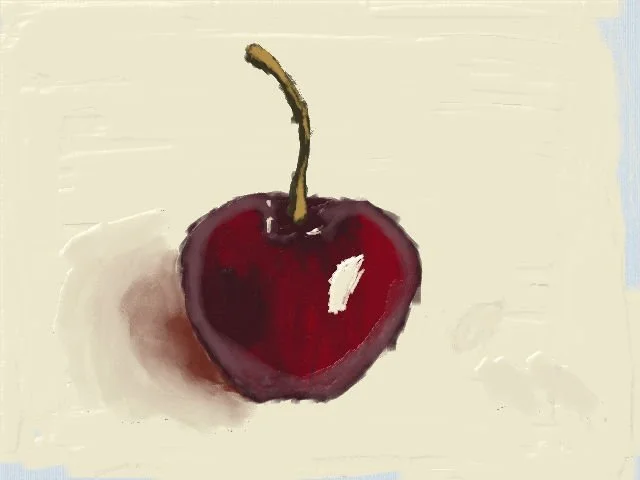 A painting of a red cherry with a brown stem on a light background.