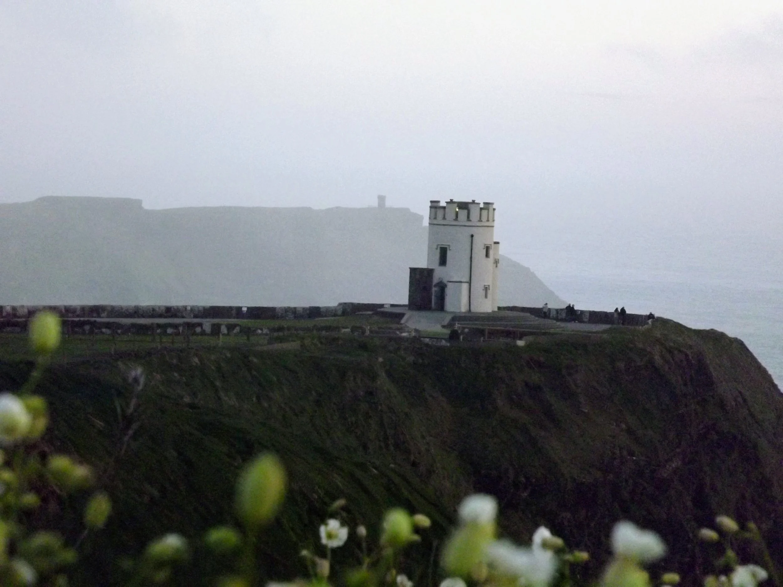 A white lighthouse on a cliff overlooking the sea, with a foggy background and some white flowers in the foreground.