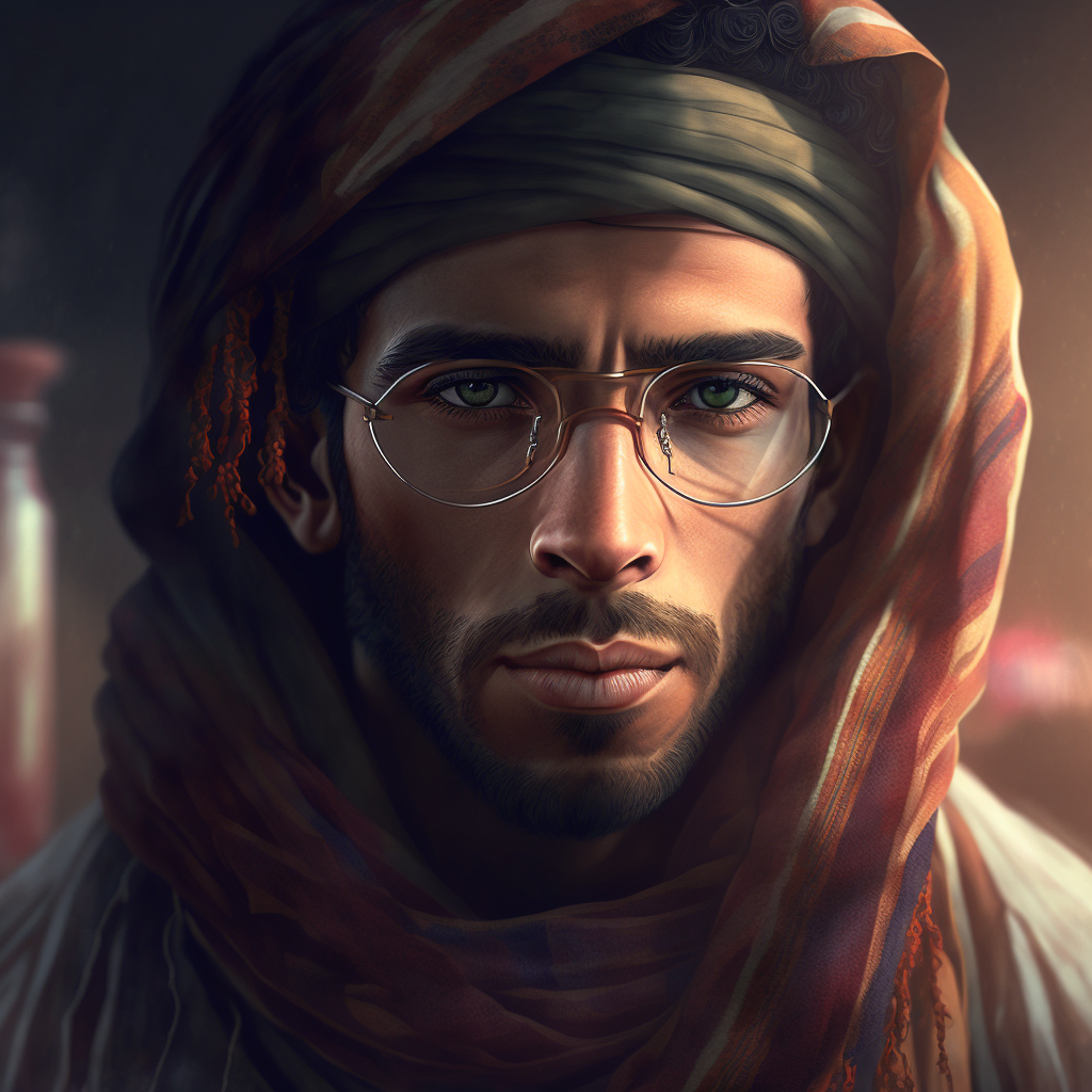 Close-up portrait of a young man with green eyes, wearing glasses, with a headscarf and a serious expression.