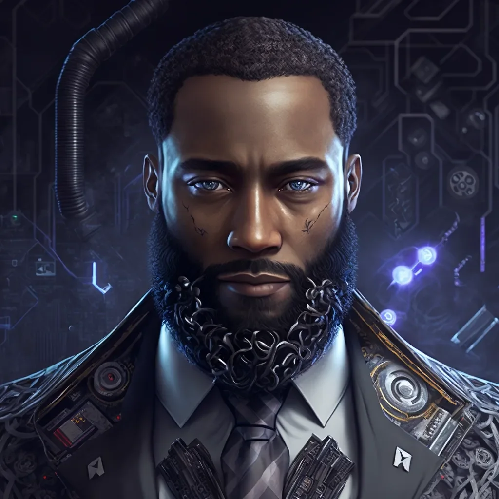 A futuristic digital depiction of a serious man with blue eyes, a beard, intricate facial markings, wearing a suit with technological elements and illuminated circuitry background.