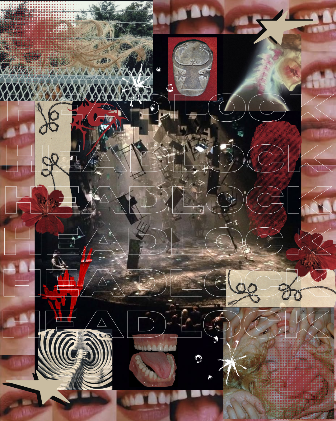 A mixed collage of close-up human mouths with teeth, a grinning mouth, a red flower, a skeleton key, a wooden sculpture, a hypnotic spiral, a person screaming, a person covering their face, a stage or concert scene, and abstract designs, overlaid with the repeated word 'HEADLOCK'.