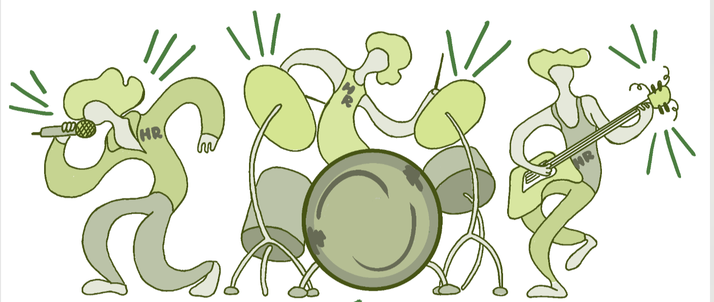 Illustration of three abstract humanoid figures playing musical instruments, with a large drum in the center. The figures have irregular shapes and are colored in shades of green and gray.