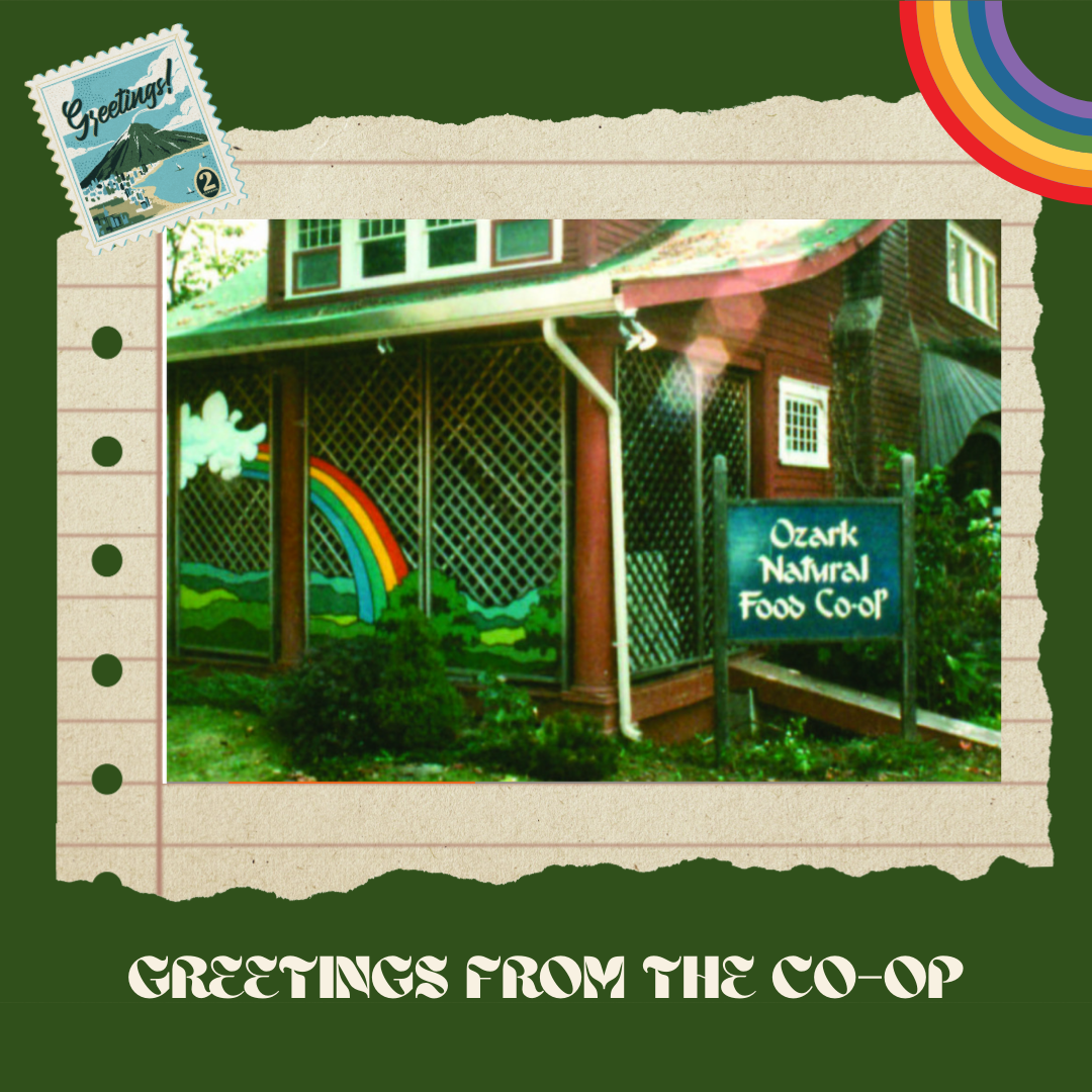 A house with a colorful rainbow and clouds painted on the side, with a sign that reads 'Ozark Natural Food Co-op', and a decorative postage stamp in the top left corner that says 'Greetings!'