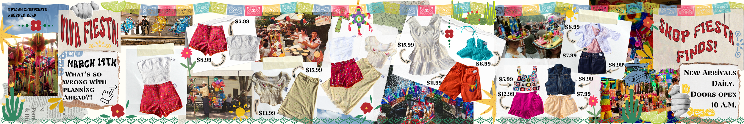 Decorative flyer advertising a fiesta event with pictures of clothing, food, and a carnival ride. It includes text about planning ahead, new arrivals, and event details like date and opening time.