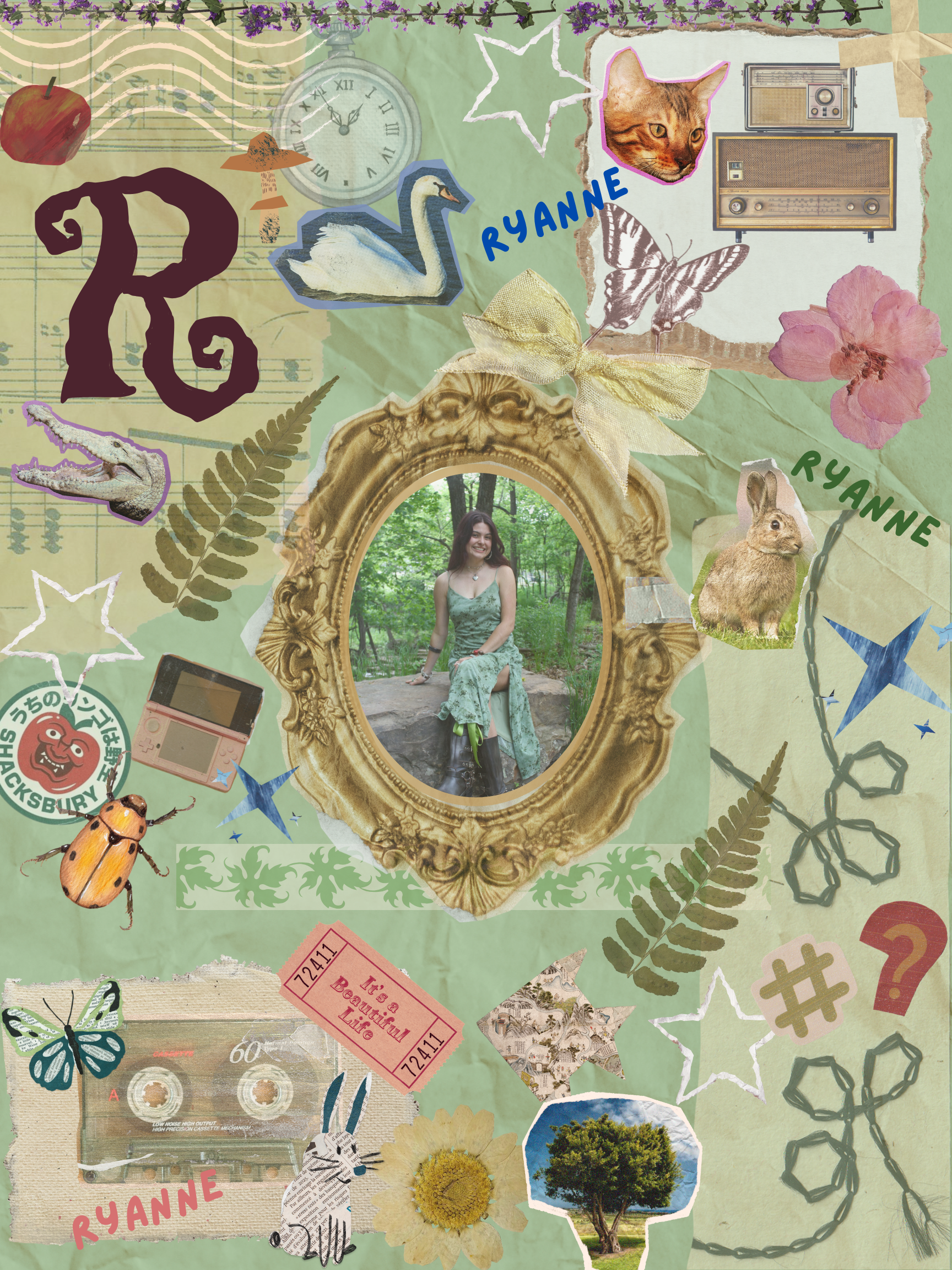 A collage featuring a woman sitting in a forest, surrounded by stickers of animals, flowers, vintage objects, and random decorative elements.