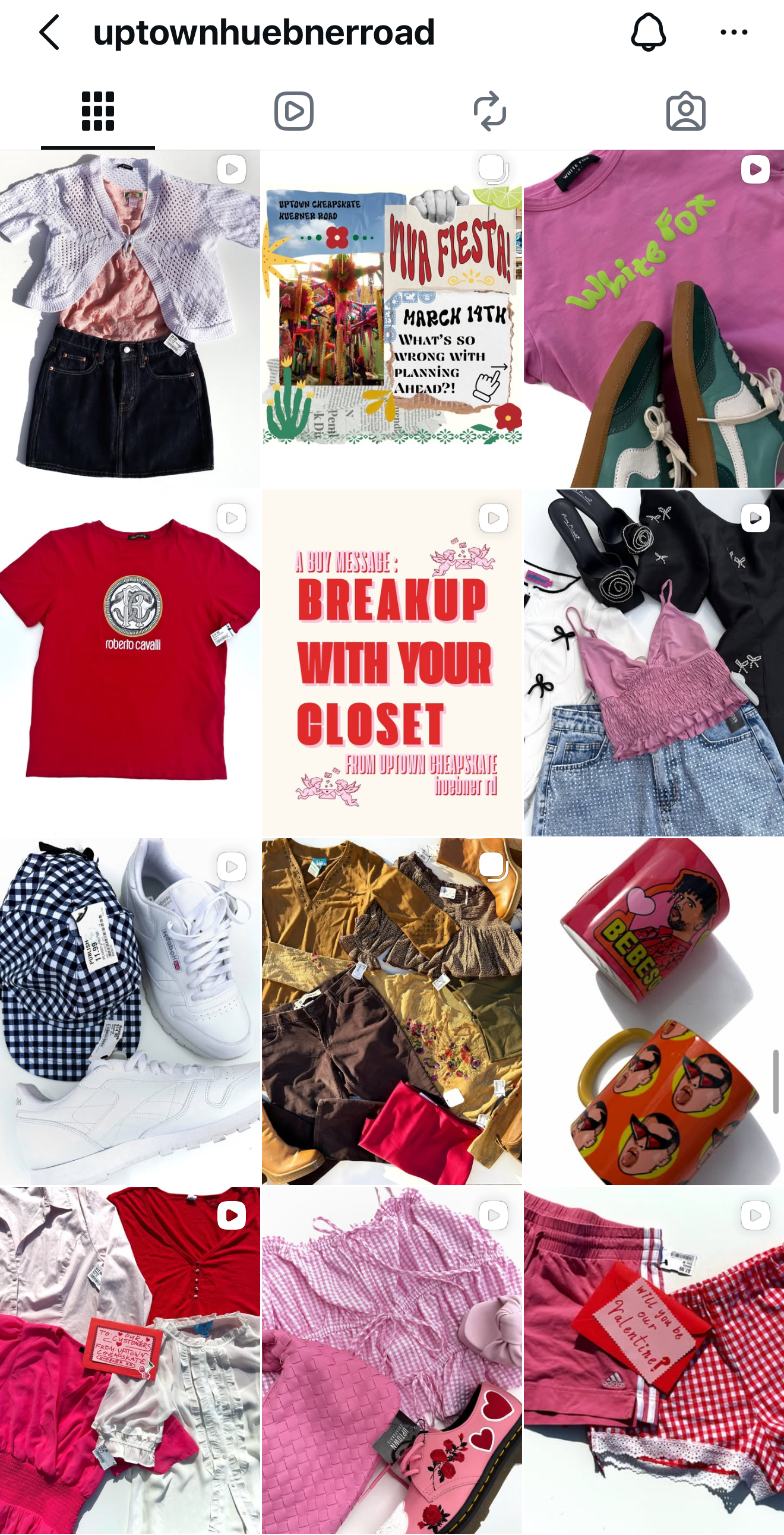 A collage of various clothing items, accessories, and signs. Items include t-shirts, dresses, sneakers, mugs, and fabric pieces, with some signs with text about planning, relationships, and Valentine's Day.