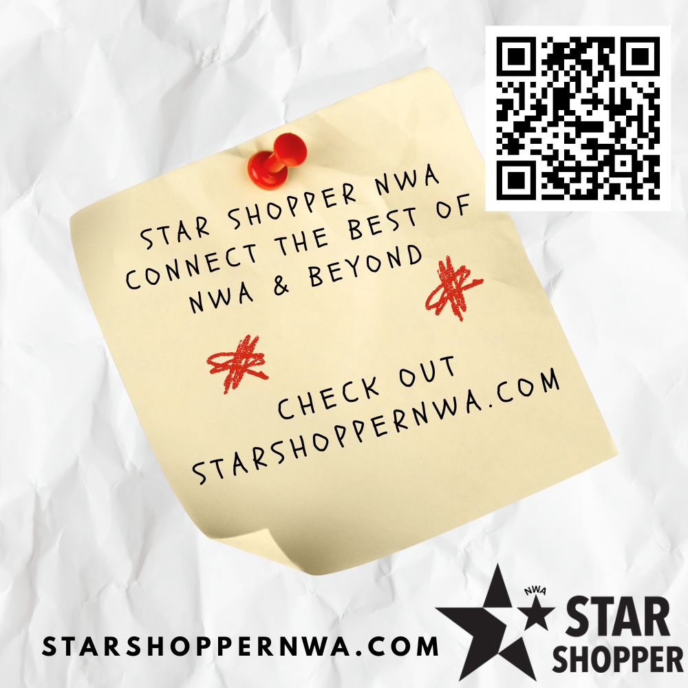 A yellow sticky note with black handwritten text and red star doodles, pinned with a red thumbtack on crumpled paper. The note promotes Star Shopper NWA's website, starshoppernwa.com, and invites connecting with NWA & Beyond.