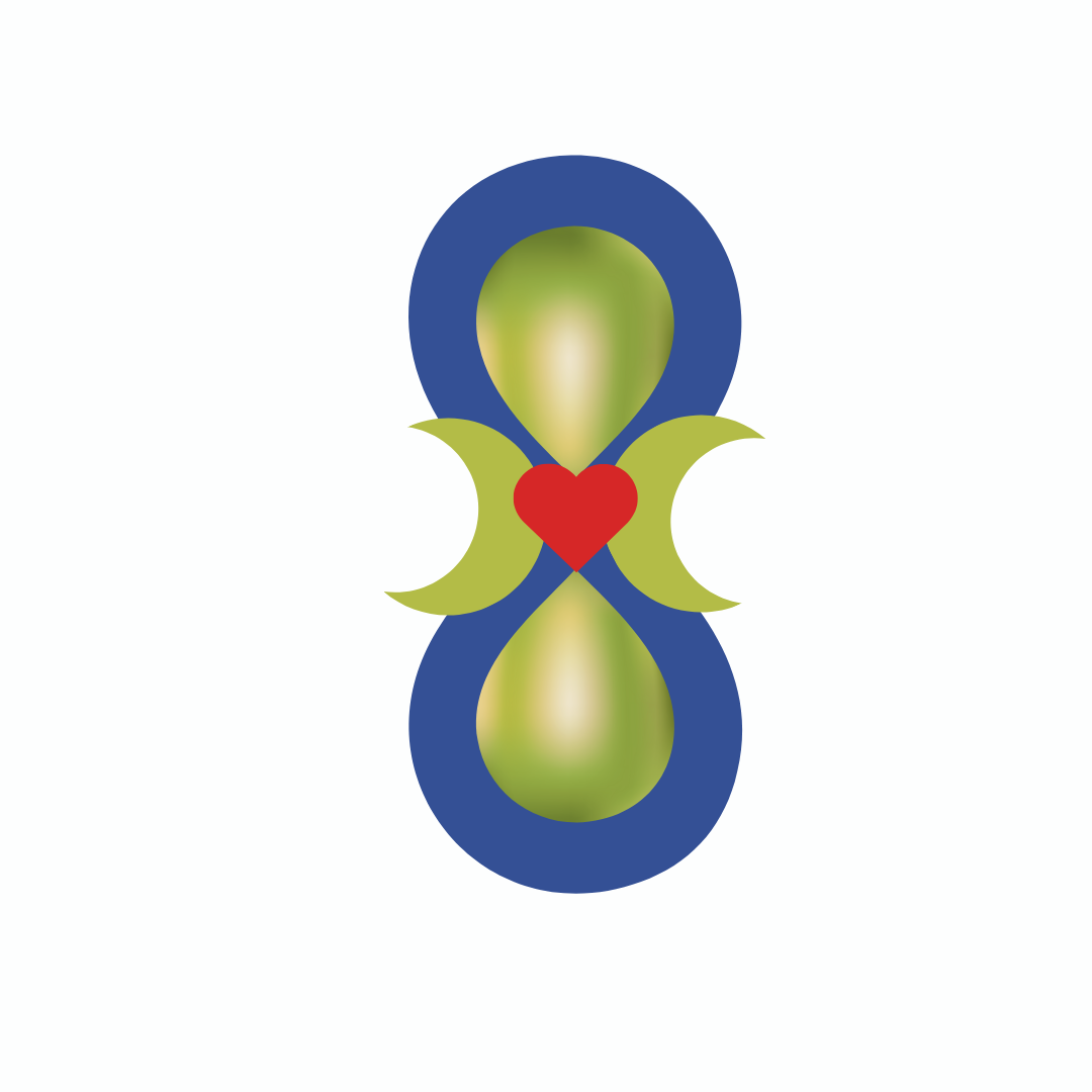 Abstract symmetrical design featuring a red heart at the center, with green and blue shapes radiating outward, resembling a stylized butterfly or floral ornament.