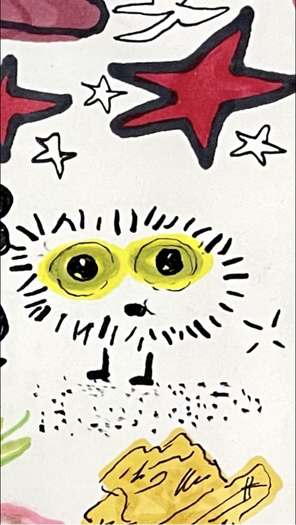 Hand-drawn cartoon owl with large yellow eyes, standing on a patch of grass, with red and white and black star and cloud shapes in the background.