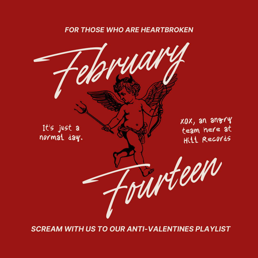 Graphic design with a red background featuring a drawing of a caduceus with a cherub, and white text promoting an anti-Valentine playlist for February 14th.