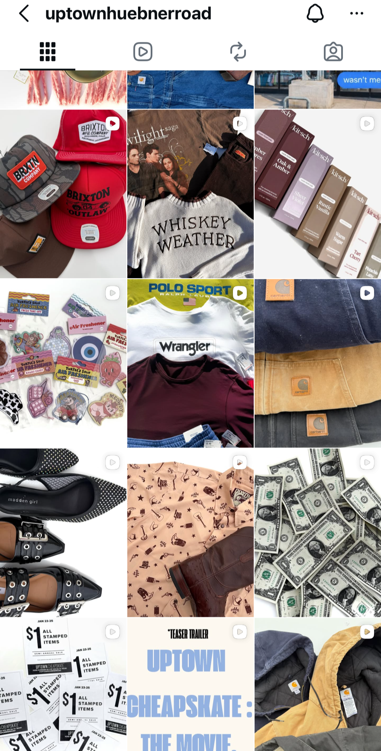 Collection of various clothing, accessories, and items including hats, T-shirts, jeans, shoes, stickers, cash, and a movie poster, displayed in a collage.