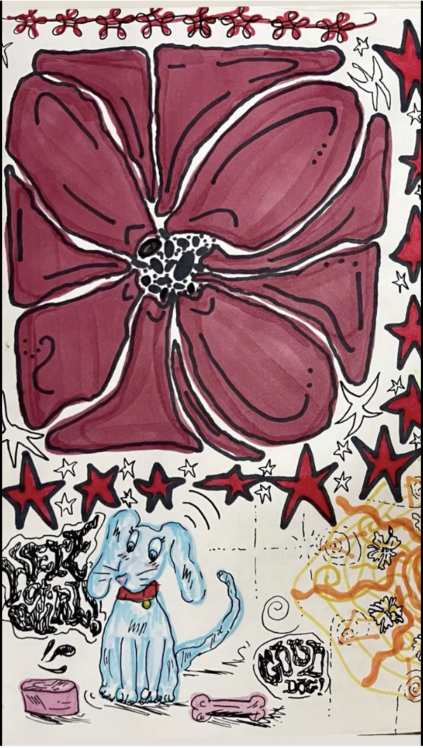 Colorful illustrated drawing featuring a large pink butterfly at the top, surrounded by stars, and below a smiling blue dog with a red collar, a pink bone, a dog bowl, and abstract designs.