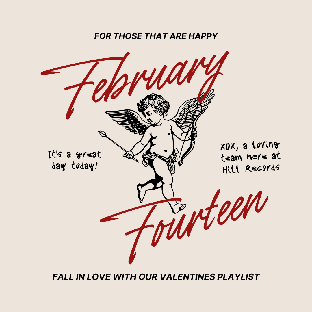Valentine's Day themed graphic with a cherub illustration, text celebrating February fourteenth, and messages about love and a Valentine's playlist.