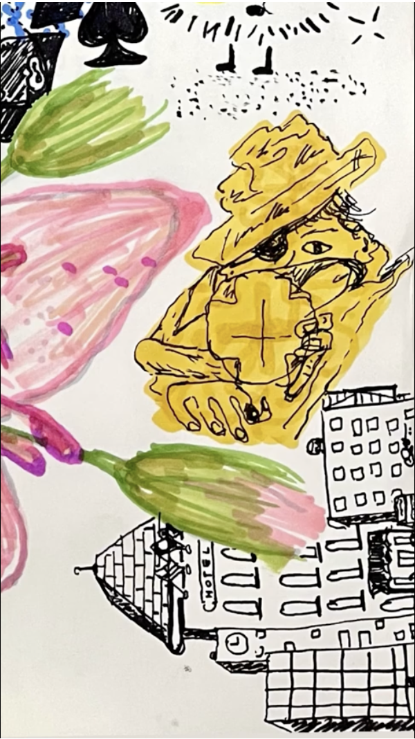 Sketch of a person wearing a wide-brimmed hat, sunglasses, and an eyepatch, holding a pipe, surrounded by colorful flowers, with a cityscape in the background, including buildings and rooftops.