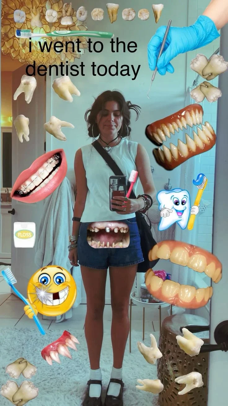 A woman taking a mirror selfie in a bathroom, surrounded by animated dental and toothbrush images, with the text 'I went to the dentist today' overlaying the photo.