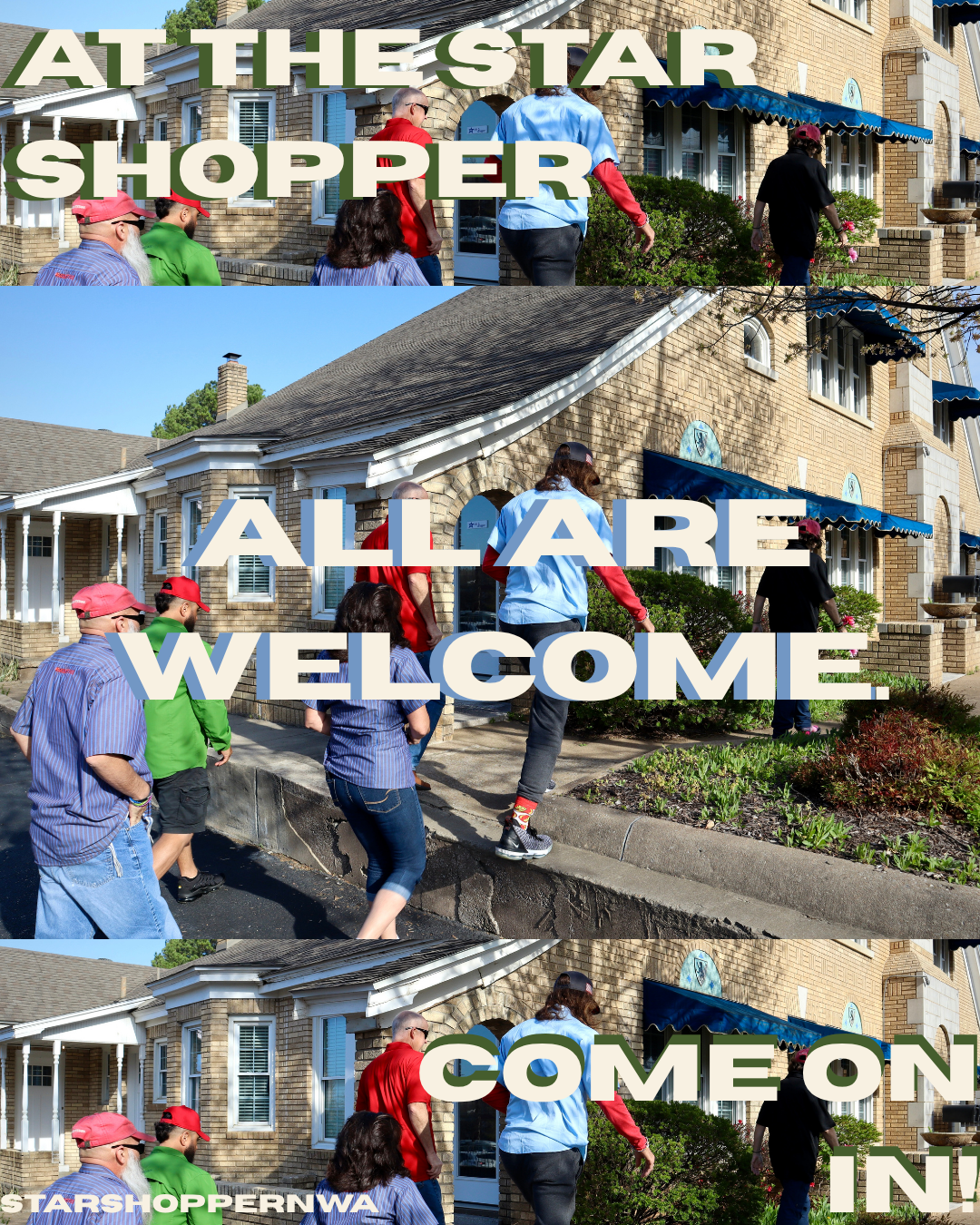 People walking towards a building with large welcome text overlayed on the image, indicating an event or gathering.
