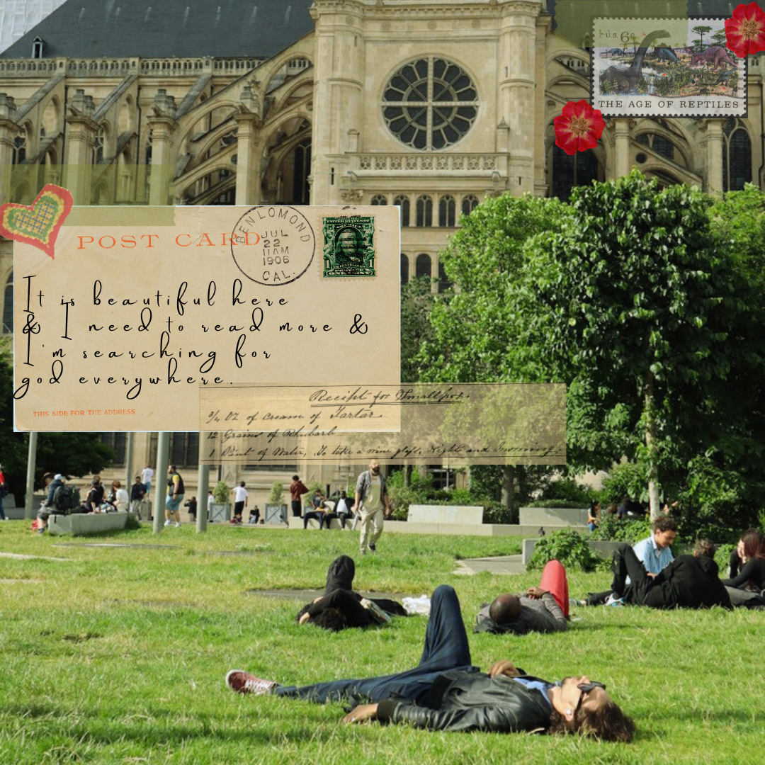 A park scene in front of a historic building with Gothic architecture. People are sitting and lying on the grass, relaxing. The photo has a superimposed vintage postcard and stamps, with handwritten text, decorative flowers, and a sticker in the top right corner.
