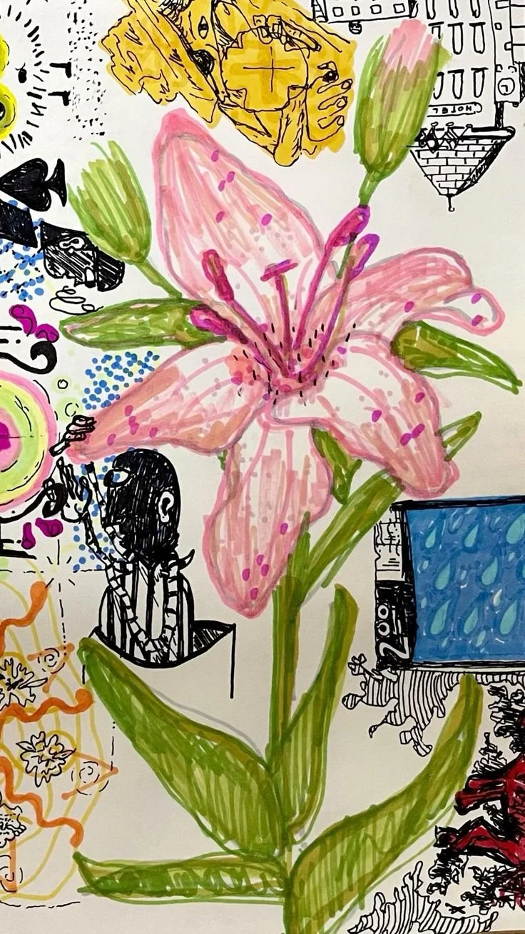 Hand-drawn illustration of a large pink lily flower with green leaves, surrounded by small black and white sketches of people, objects, and abstract patterns.